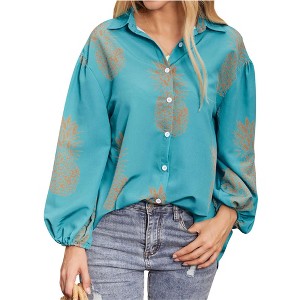 Nlife Women Pineapple Printed Lapel Collar Half Sleeves Buttons Down Blouse Shirt - 1 of 4