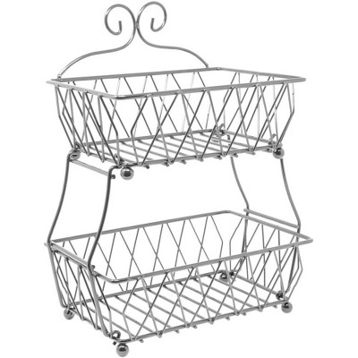 Silver 2-Tier Rectangular Metal Fruit Basket Stand