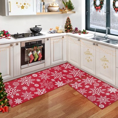 Non-Slip Kitchen Mats – Christmas Decor Style, with Snow Print. For Dining Room, Hallway, Kitchen; 2-Piece Set, Rubber Backing