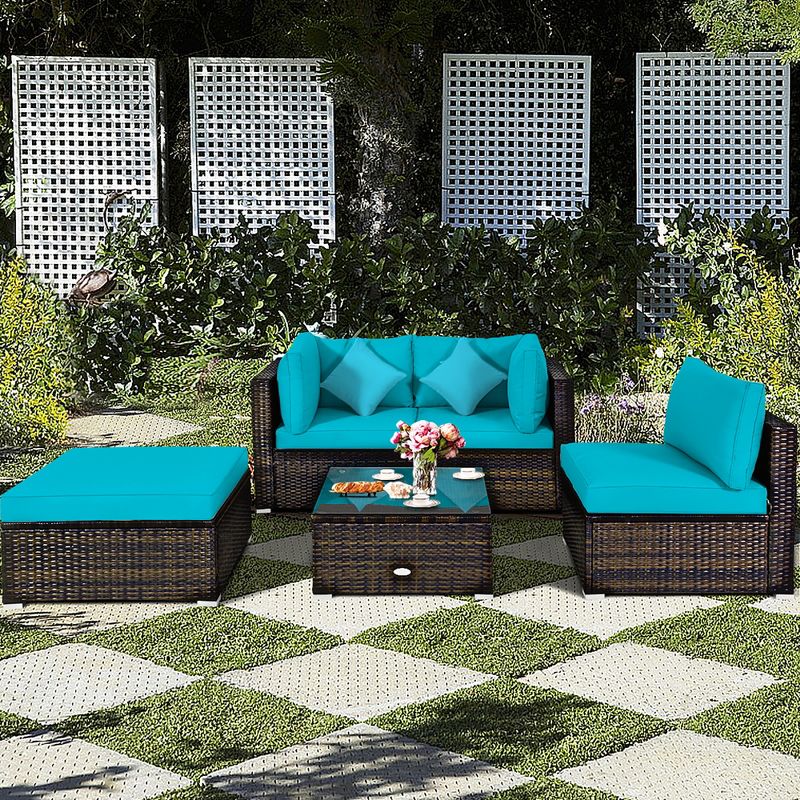 Costway 5PCS Outdoor Patio Rattan Furniture Set Sectional Conversation Turquoise\Navy\Black Cushion, 2 of 11