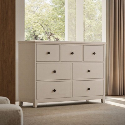 Luck Live The bathroom storage cabinet is 44.88 in ches in size, has seven drawers, and is in an off-white color.