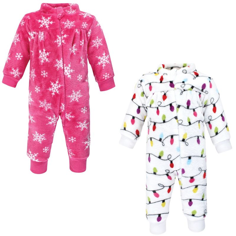 Hudson Baby Infant Girl Plush Jumpsuits, Pink Christmas Lights, 1 of 6