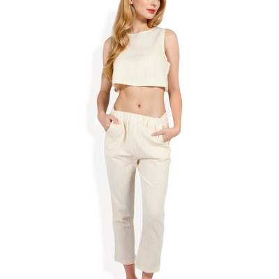 Anna-Kaci Women's Two-Piece Sleeveless Crop Top and Elastic Waist Tapered Pants Set with Pockets