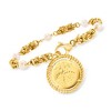 Ross-Simons Italian 6mm Cultured Pearl and Replica Lira Coin Byzantine Bracelet in 18kt Gold Over Sterling - 3 of 4
