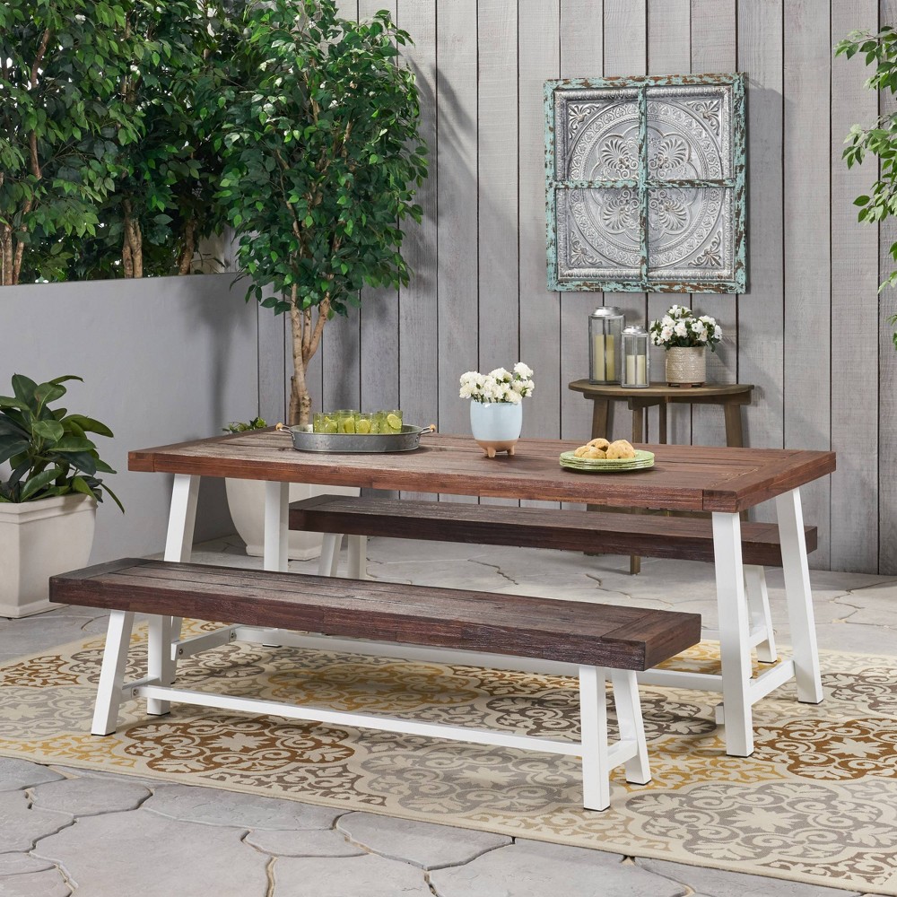 Photos - Dining Table Carlisle 3pc Acacia Wood Picnic Dining Set Sandblast Dark Brown/White - Christopher Knight Home