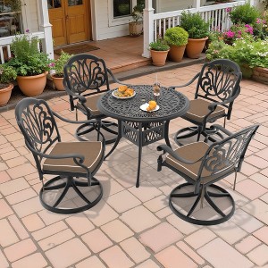 5-Piece Round Cast Aluminum Patio Set with Swivel Chairs,Brown Cushions,and Umbrella Hole - 1 of 4