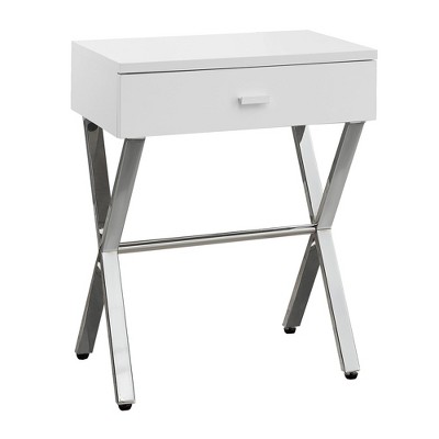 Monarch Specialties Accent Table Side End Nightstand Lamp Storage Drawer Living Room Bedroom Metal Laminate Glossy White Chrome Contemporary Modern