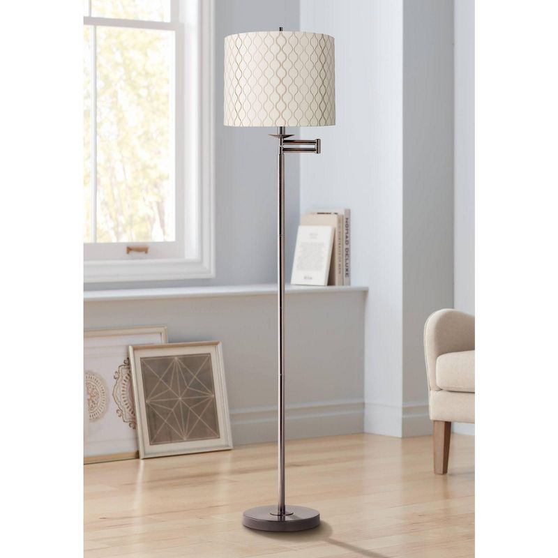 Regency Hill Swing Arm Floor Lamp 60.5" Tall Bronze Embroidered Hourglass Off White Fabric Drum Shade for Living Room Reading Bedroom, 2 of 4