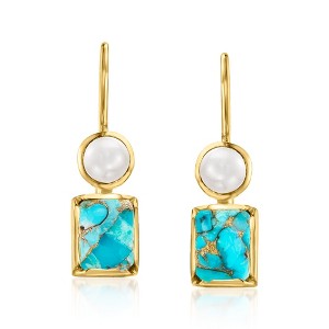 Ross-Simons Turquoise and 4.5-5mm Cultured Pearl Drop Earrings in 18kt Gold Over Sterling - 1 of 4