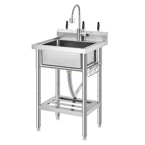 Stainless Steel Utility Sink with Faucet, Single Bowl Kitchen Sink with Adjustable Legs, Storage Shelf,S-Hooks & Hot Cold Water Pipes,Laundry,Garage - 1 of 4