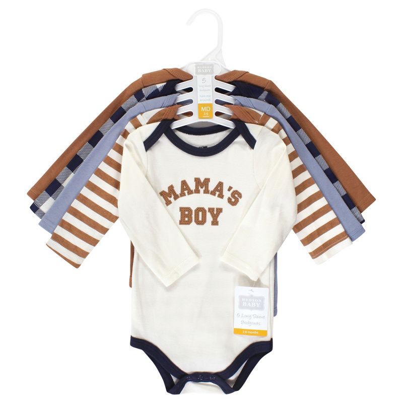 Hudson Baby Infant Boy Cotton Long-Sleeve Bodysuits, Brown Navy Mamas Boy 5-Pack, 2 of 8