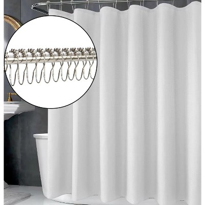 Home Mart Goods 71" x 71" - White Fabric Textured Glam luxury Shower Curtain With 12 Metal Hooks