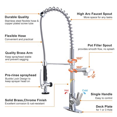 Chrome Commercial Single-Handle Pull Down Sprayer Kitchen Faucet