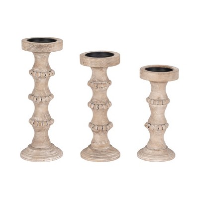 Ivory Distressed Wood Pillar Candle Holder with Beads