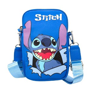 Disney Wallet, Phone Bag Holder, Lilo and Stitch, Stitch Smiling Face Close Up, Blue, Vegan Leather - 1 of 4