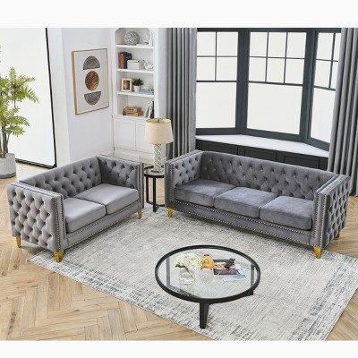 Velvet Chesterfield Sofa Set,3-Seater and 2-Seater Tufted Loveseat Set with Metal Legs & Nailhead Trim for Living Room--Baofuwish