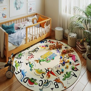 LOVEVOOK Kids Rugs for Playroom, 47 inch Round Rug, Soft Machine Washable Non-Slip Dinosaur Carpet for Toddler Kids Room Decor Mat, Beige - 1 of 4