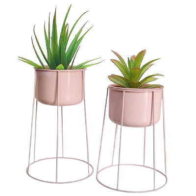 Uniquewise Set Of 2 Decorative Contemporary Pink Metal Flower Planter ...