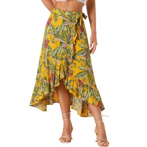 INSPIRE CHIC Women's Tropical Floral Print Ruffle Self-Tie Knot Split Beach Wrap Midi Skirt - 1 of 4