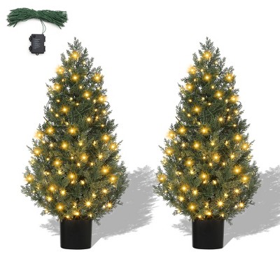 Artificial Topiary Trees Set of 2,UV Resistant Faux Cedar Porch Tree w/Decorative Grass,Potted Fake Evergreen Cypress Plants for Indoor Outdoor