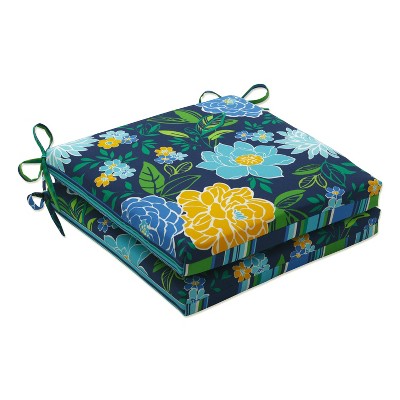 2pk Outdoor/Indoor Squared Corners Seat Cushion Set Spring Bling Blue/Sea Island Stripe Blue - Pillow Perfect