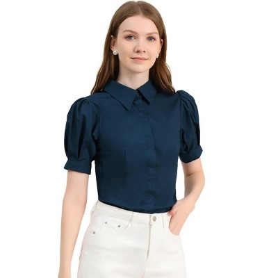 Allegra K Women's Puff Short Sleeve Collared Cotton Office Button Down Shirt