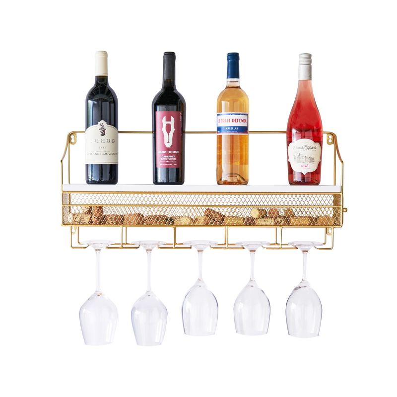 Twine Gold Wall Mounted Wine Rack, Holds 8 Standard Wine Bottles, Wood and Cast Iron, Cork Storage, Holds 5 Wine Glasses, Gold Finish, 4 of 8