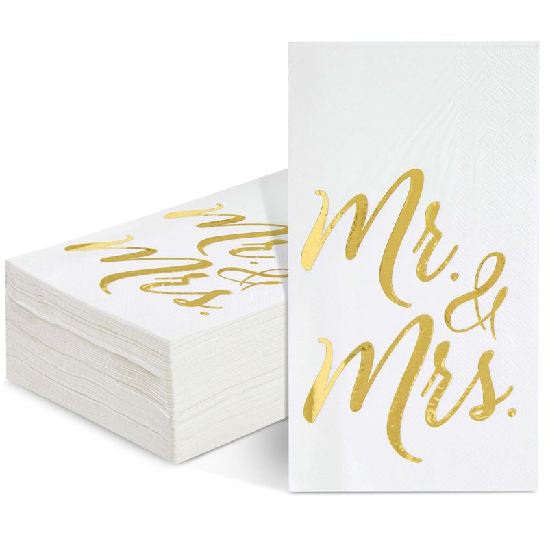 50 Pack Mr and Mrs Napkins, Disposable Wedding Dinner Napkins for Reception, Rehearsal Dinner Party, Gold Foil, 3-Ply, 4 x 8 In, 1 of 10