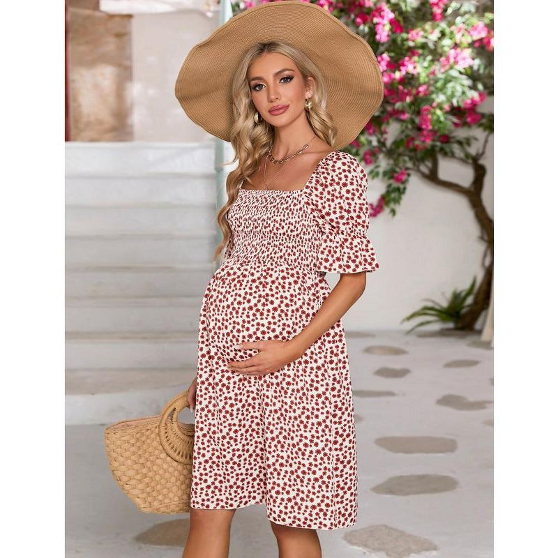 WhizMax Women's Maternity Dress Floral Square Neck A Line Fashion Dress Short Sleeves Maternity Dress for Photography, 3 of 10