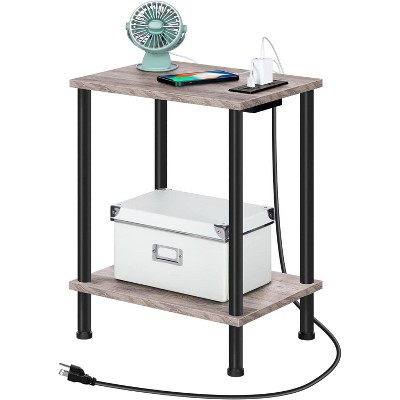 Side Table with Charging Station, End Table with USB Ports and Outlet, Nightstand with 2-Layer Storage Shelves