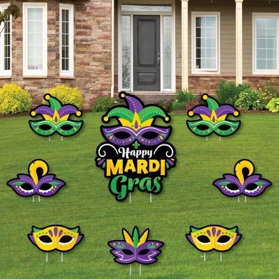 Big Dot of Happiness Colorful Mardi Gras Mask - Yard Sign and Outdoor Lawn Decorations - Masquerade Party Yard Signs - Set of 8