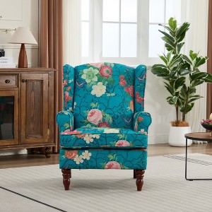 Aortzio Floral Upholstered Wingback Accent Chair,Armchair With Solid Wood Legs - 1 of 4