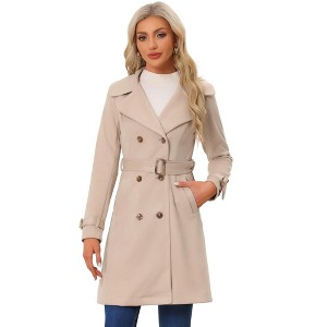 Allegra K Women's Faux Suede Notched Lapel Strap Cuff Solid Double Breasted Tie Belt Trench Coat - 1 of 4