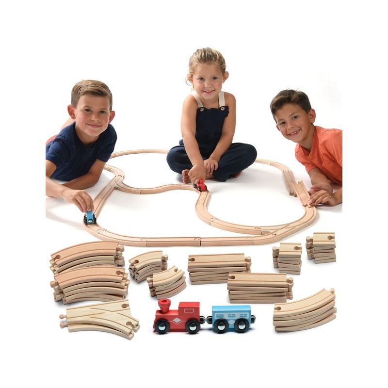 Wooden Train Tracks - 52 PCS Wooden Train Set for Kids Plus 2 Bonus Toy Trains - Play22USA, 5 of 11