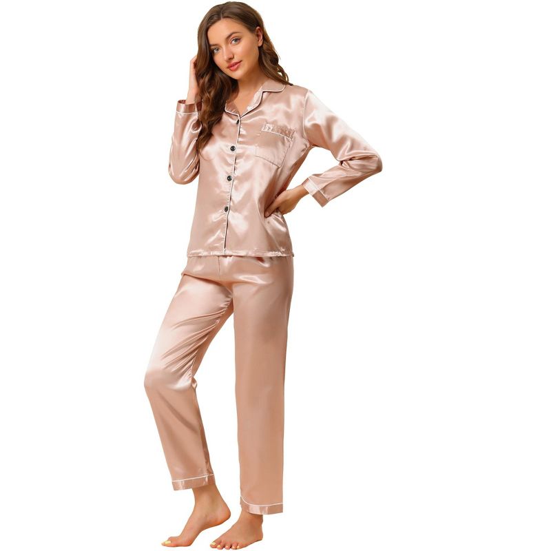 Allegra K Women's Satin Button Down Sleepshirt with Pants Halloween Pajama Set, 1 of 7