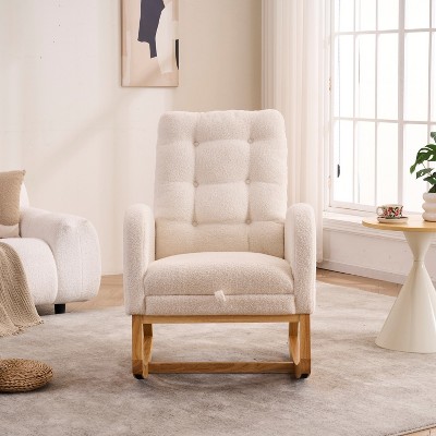 Akoasm Modern Rubber Wood Rocking Chair With High Back, Footrest For Living Room & Bedroom-Cream White