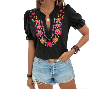 Womens Short Sleeve Embroidered Floral Blouse Puff Sleeves Top Shirts - 1 of 4