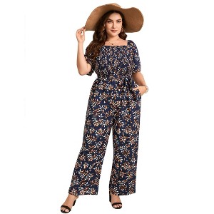 Clearlove Jumpsuits for Plus Size Women Casual Square Neck One Piece Floral Wide Leg Rompers - 1 of 4
