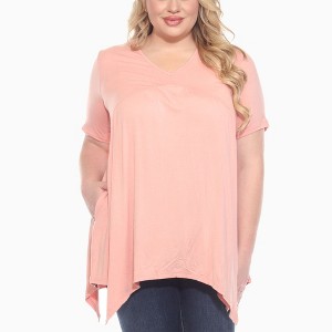 Plus Size Short Sleeve Shirred Front Knit Tunic Top with Pockets -White Mark - 1 of 4