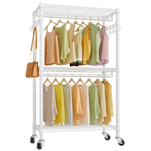 Garment Rack 3 Tiers Heavy Duty Clothes Rack Rolling Free-Standing Clothing  Closet Rack Organizer Storage Shelves with 2 Rods/Lockable Wheels/2 Side