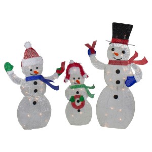 Northlight Lighted Glittering Mesh JOY Snowmen Outdoor Christmas Decoration - Warm White -Set 3 - 1 of 2