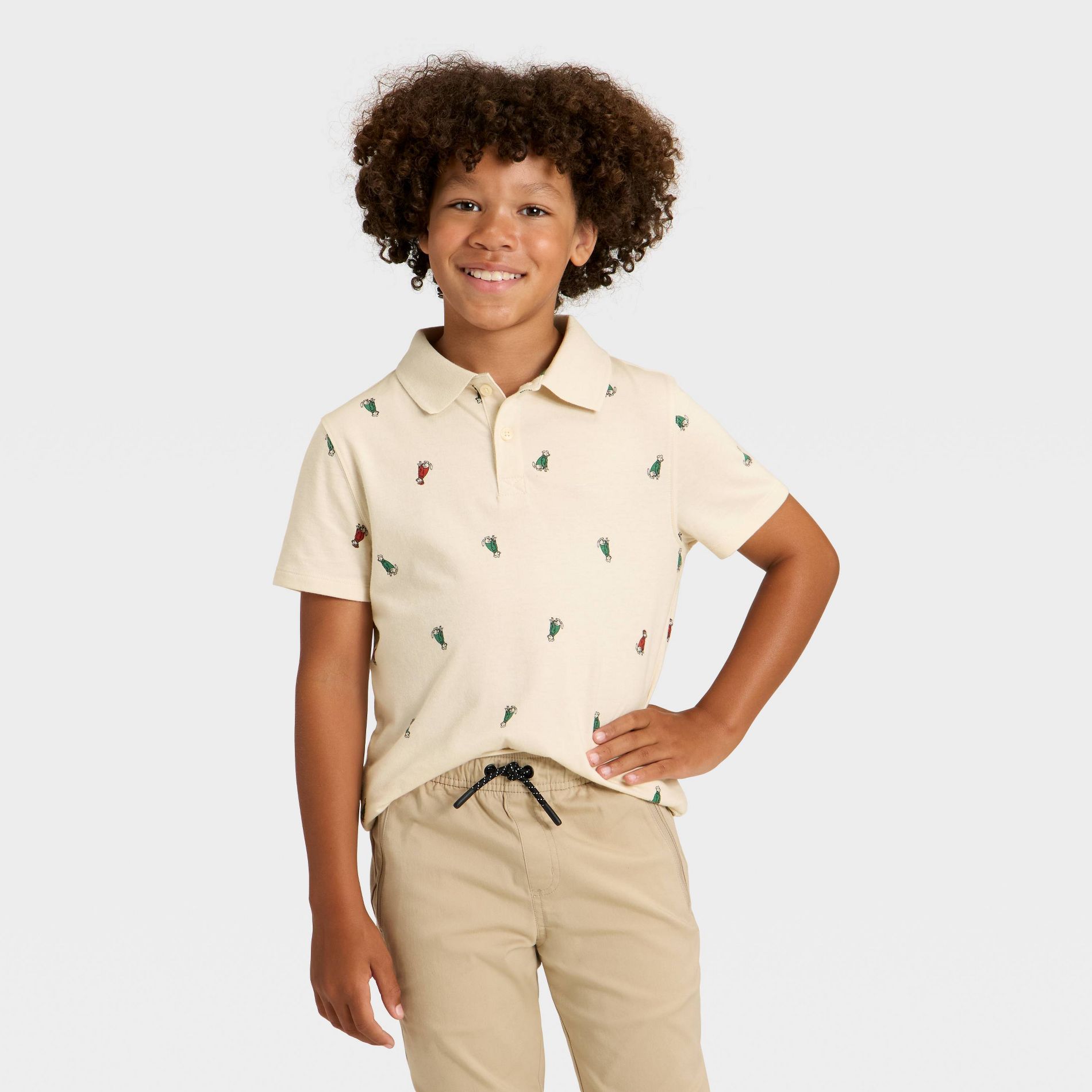 Boys' Short Sleeve Holiday Printed Polo Shirt - Cat & Jack™ Beige