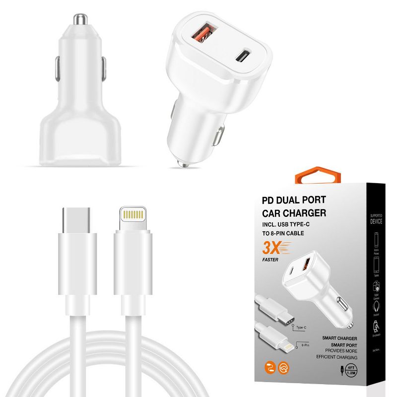 36W PD Dual Ports Travel Car Charger Adapter Fast Charging with USB-C To 8 Pin Cable, 1 of 5