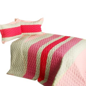 Slickblue Full/Queen 3PC Quilt Set Vermicelli-Quilted Handmade Multiple Stripes Pink Bedding 2 Shams - 1 of 4