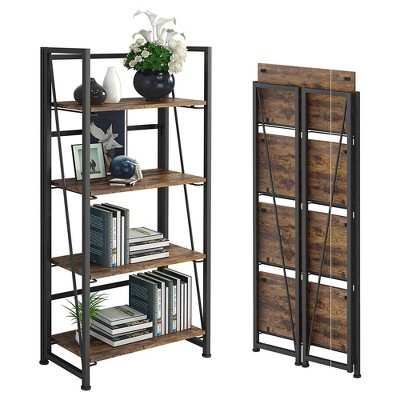 GHQME Space Saving Industrial Style 4 Tiered Folding Storage Bookcase with Durable Particleboard Shelves and Wide Metal Cross Bar Frame, Fire Board