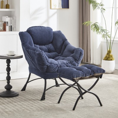 Modern Lazy Chair with Ottoman, Accent Chair with Armrests and a Side Pocket, Cotton Reading Chair with Footrest-Coolbibila