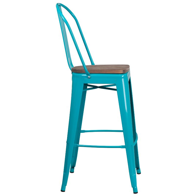 Merrick Lane 30" Metal Indoor-Outdoor Counter Stool with Vertical Slat Back, Integrated Footrest and Wood Seat, 6 of 9