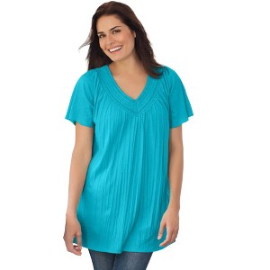 Woman Within Plus Size Short-Sleeve V-Neck Crinkle Tunic - 1 of 4