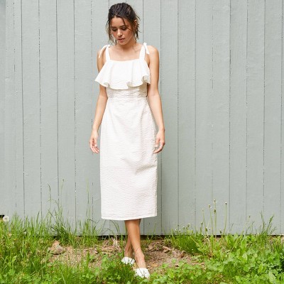 Women's Sleeveless Seersucker Ruffle Dress - A New Day™ White L