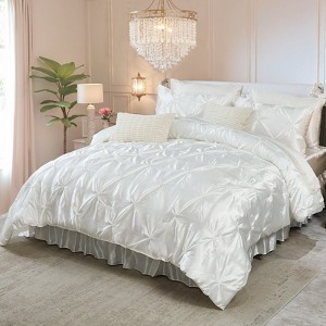 Satin Comforter Set Bed in a Bag – Pinch Pleat Luxury Bedding with Sheets, Pillowcases & Decorative Covers, Soft Silky Quilt - 1 of 4